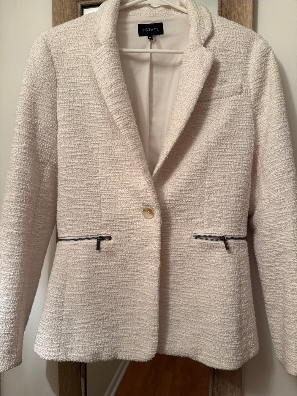 1. State Cream Textured Tweed Blazer with Zip Pockets